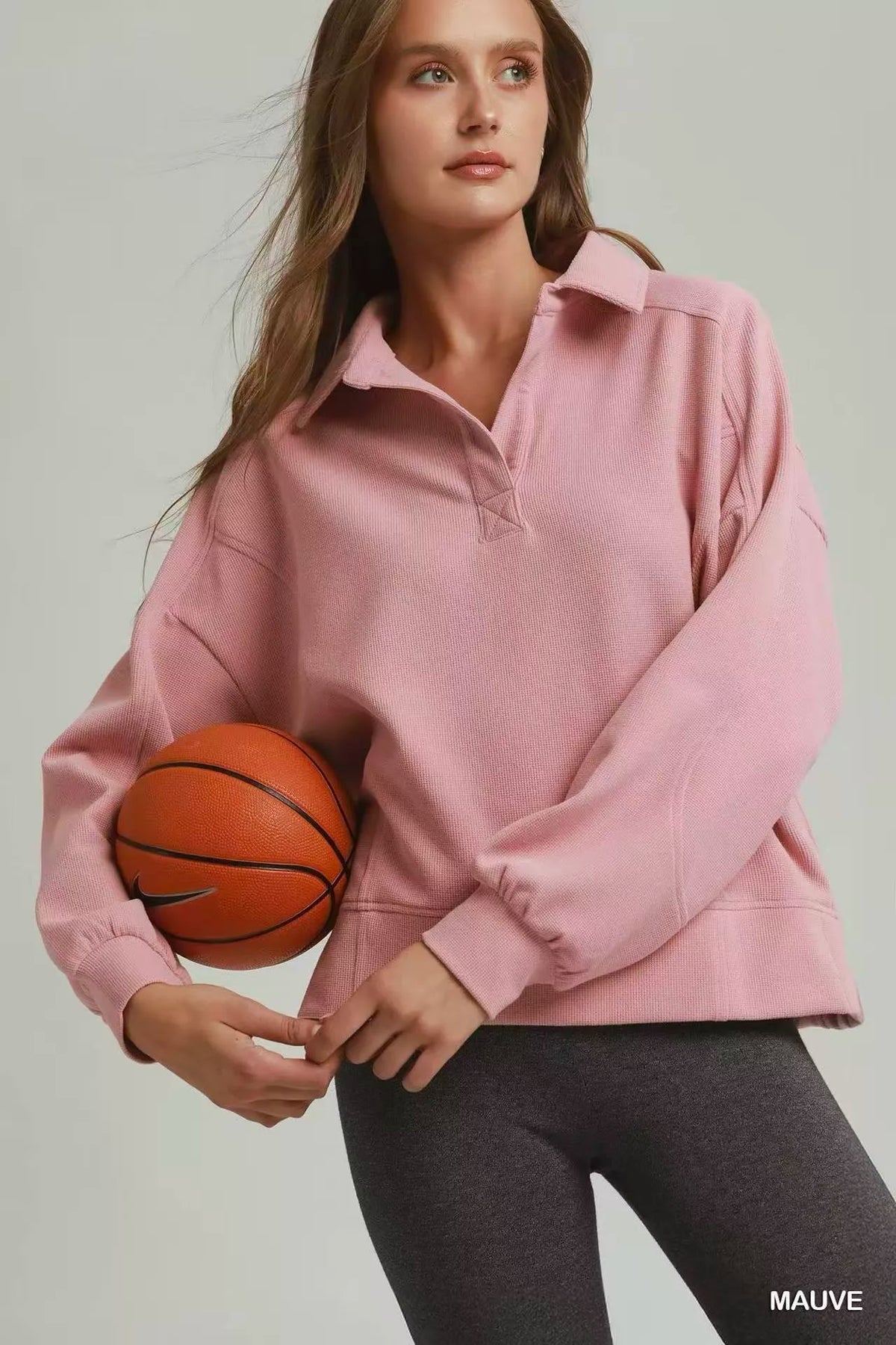 mauve brushed waffle polo pullover back view