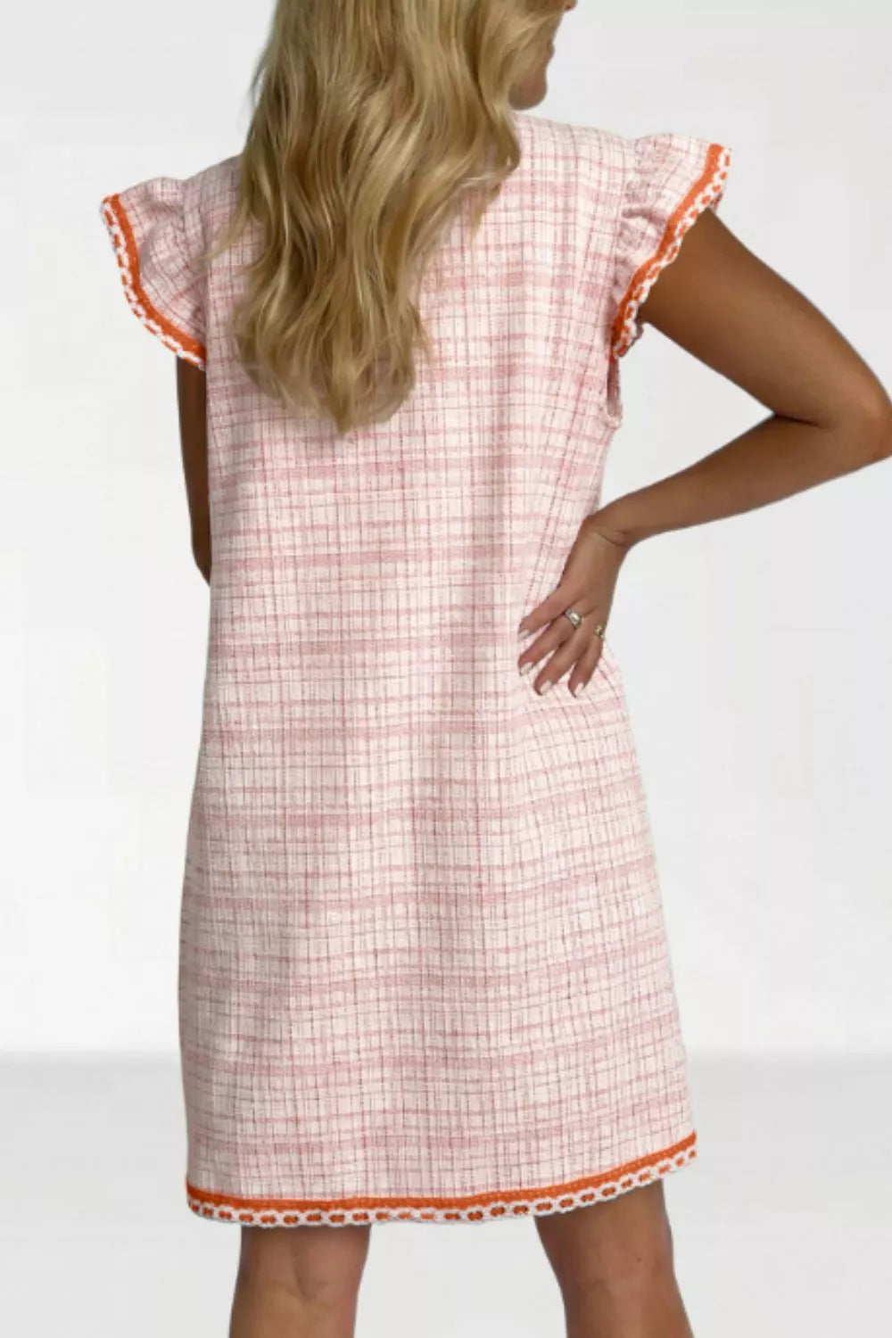 blush jacquard short sleeve shift dress back view