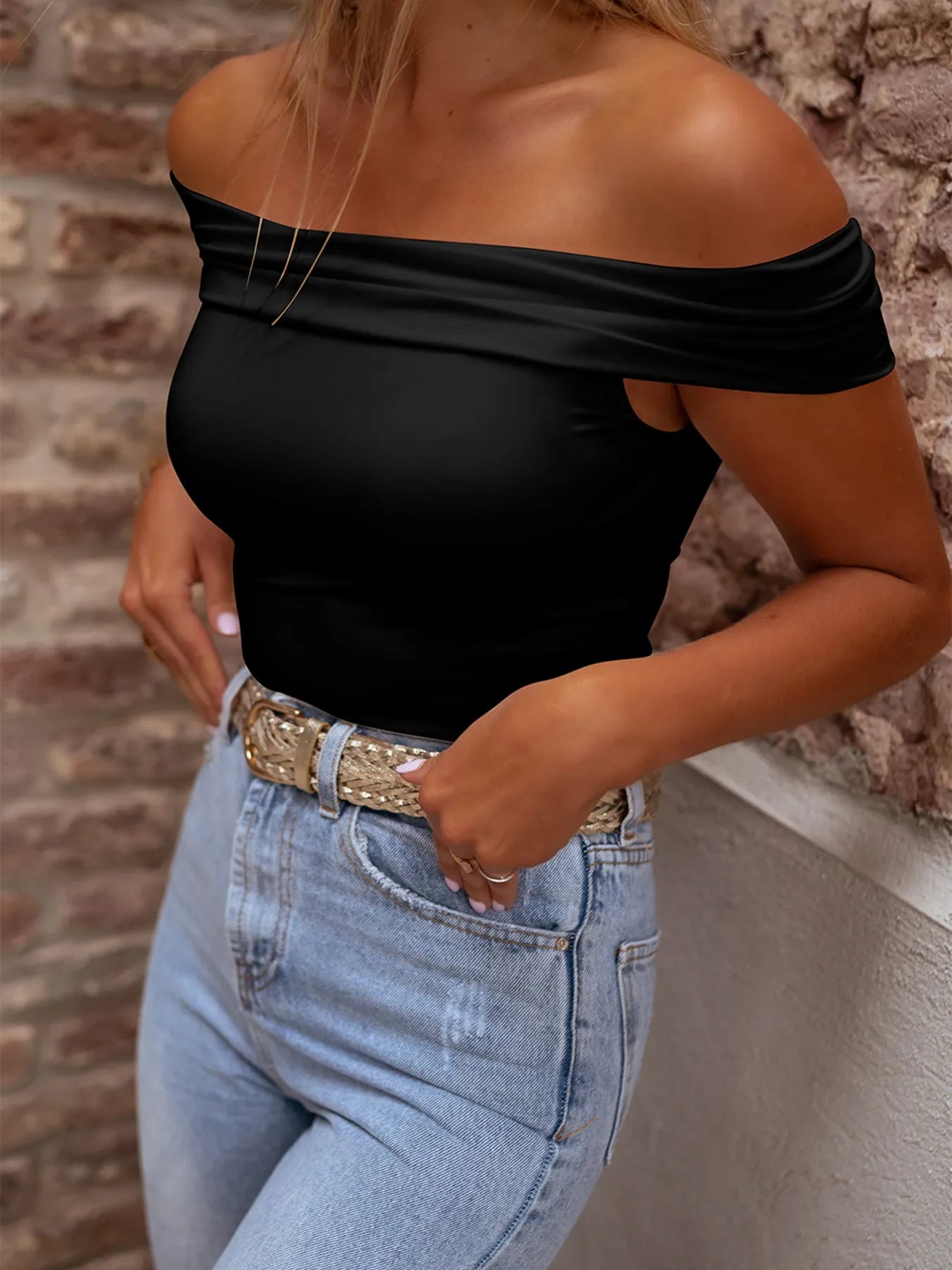 Folded Off Shoulder Slim Top - Fashorio