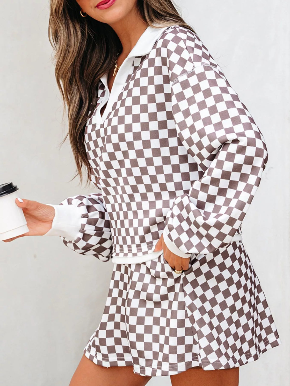 Checkered Print Polo Collar Cropped Long Sleeve Top and Drawstring Mini Skirt Set styled look