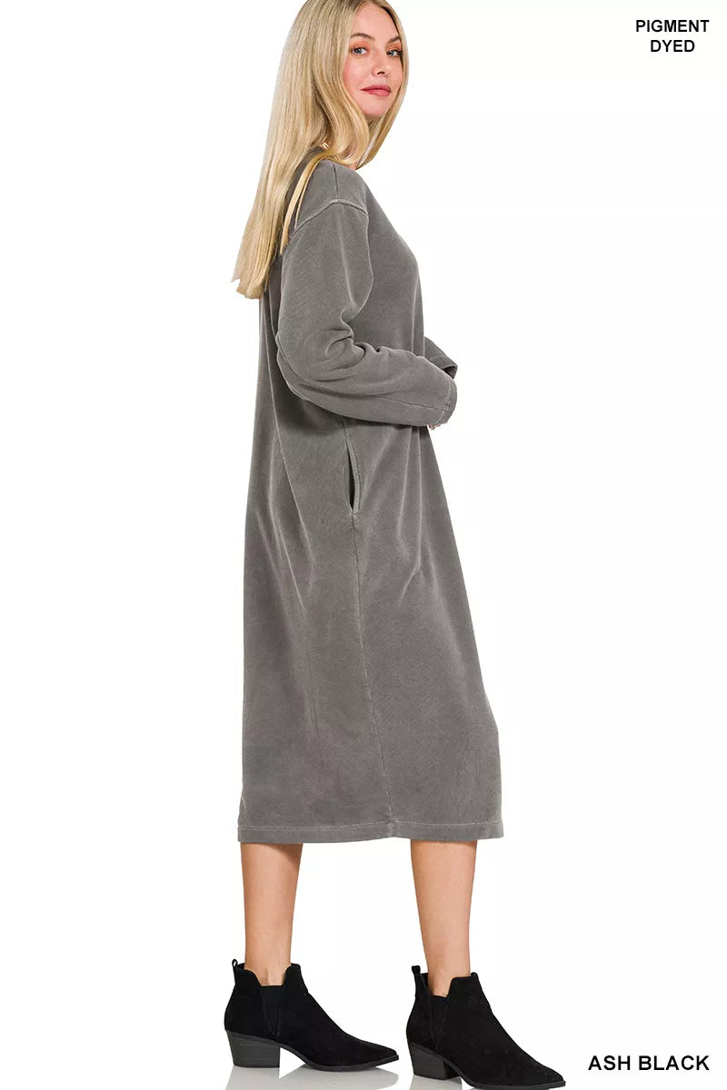 Soft Fleece Sweatshirt Dress in Ash Black back view