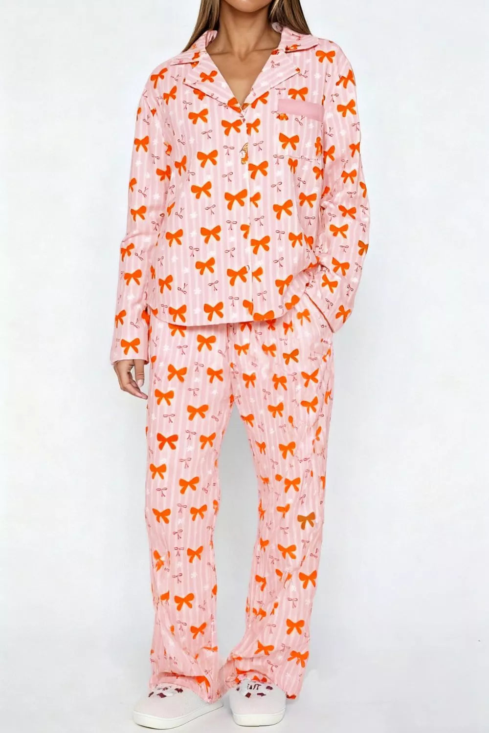 Wide leg pants set with bow print detail