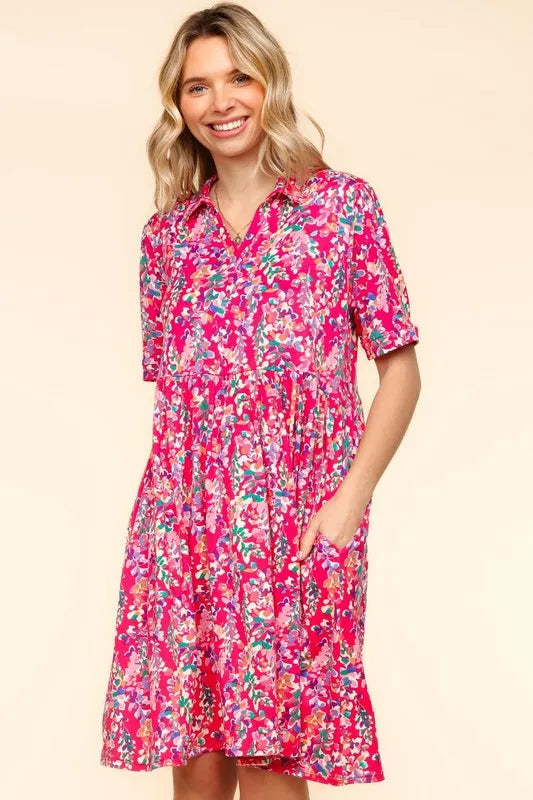 Johnny Collar Babydoll Dress with Pockets in Fuchsia