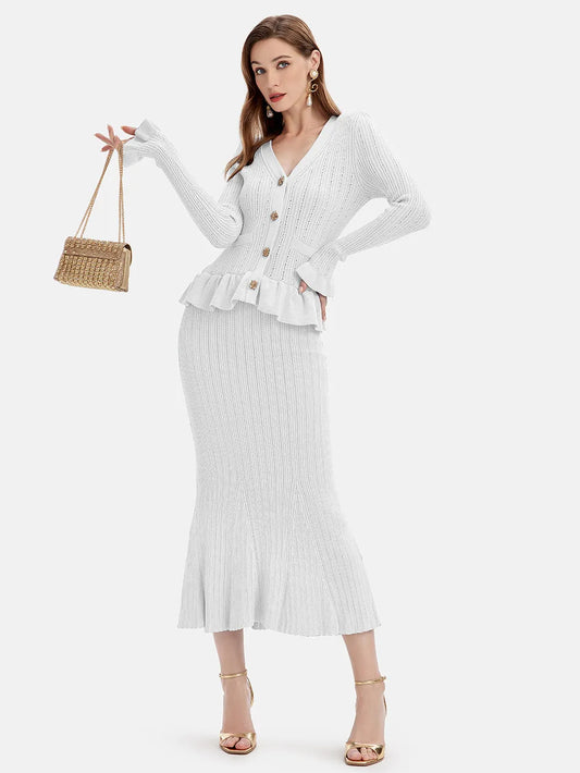 Ruffled V-Neck Top and Midi Skirt Sweater Set White One Size - Fashorio