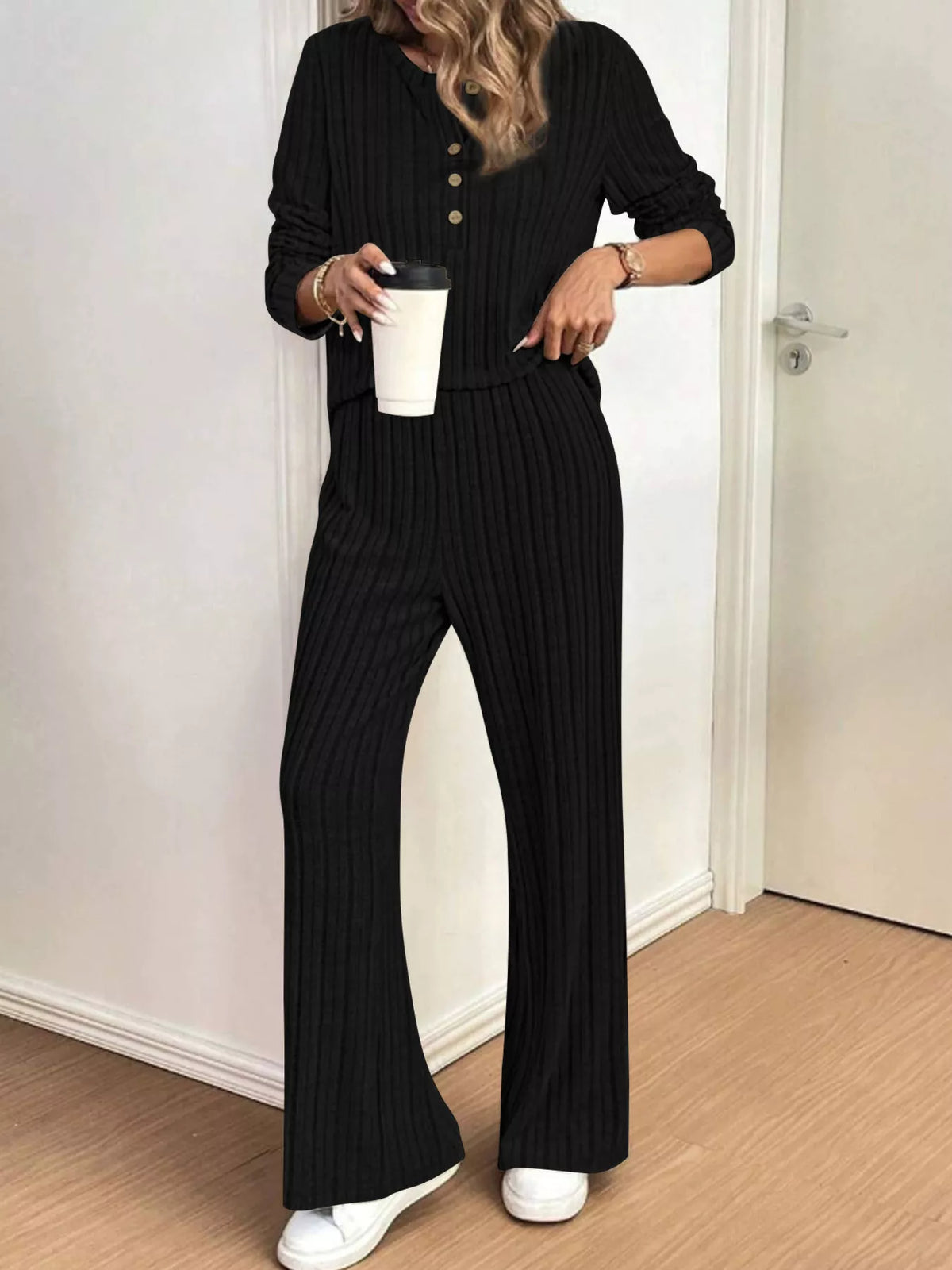 Ribbed knit two piece button front set styled