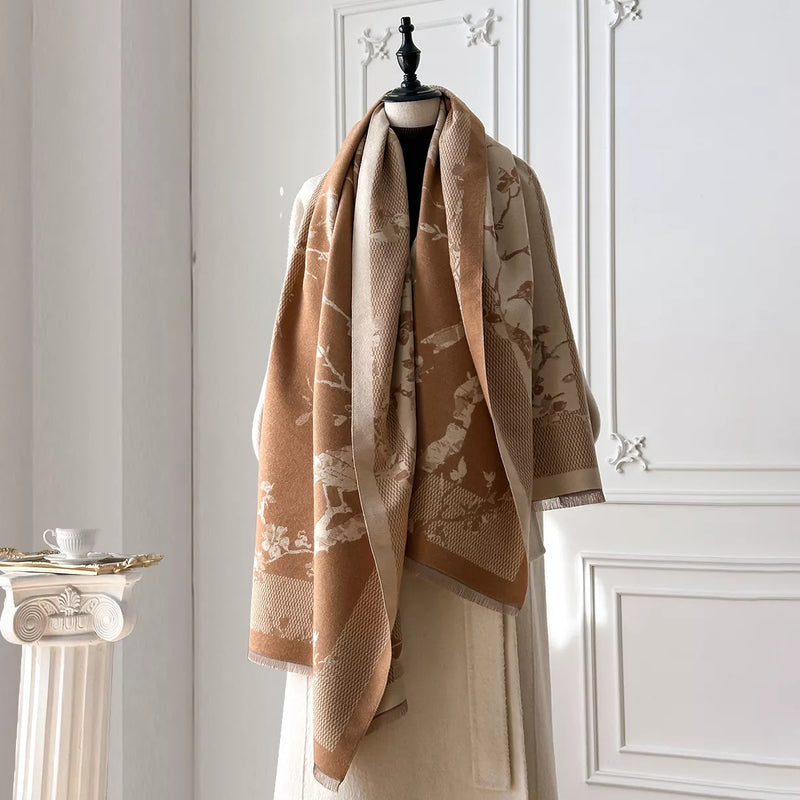 Neutral raw hem winter scarf draped around the neck