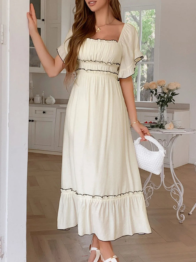 Square neck puff sleeve ruffle maxi dress front view