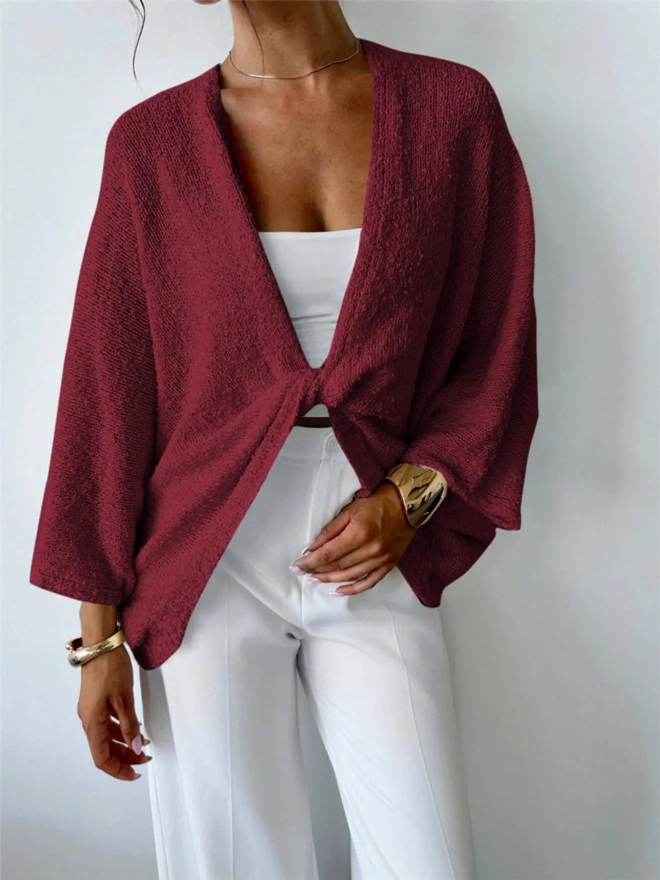 Twist-Front Textured Knit Cardigan Burgundy - Fashorio