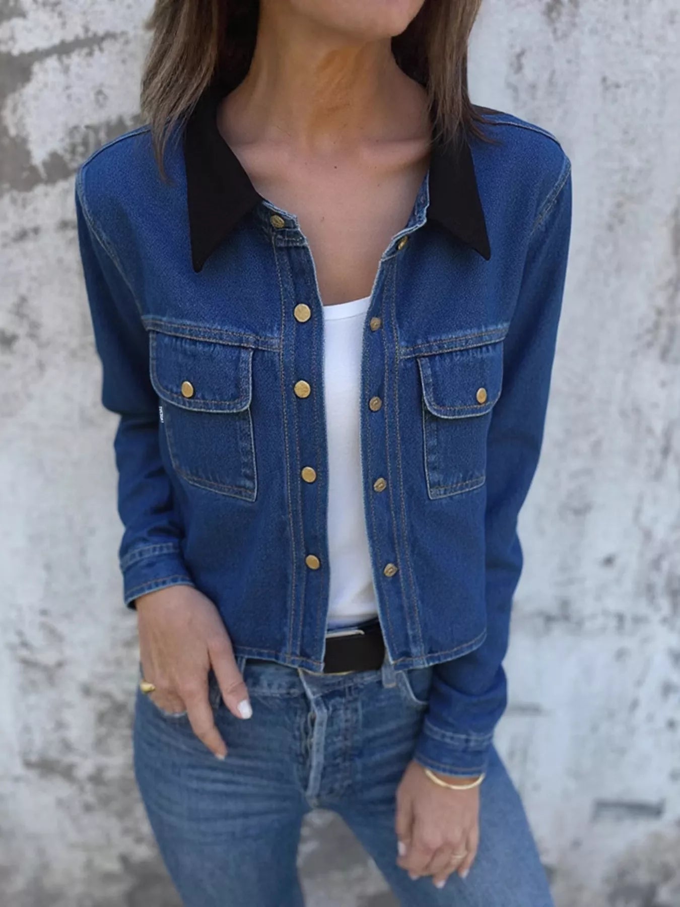 Snap Down Denim Jacket with Chest Pockets Blue - Fashorio