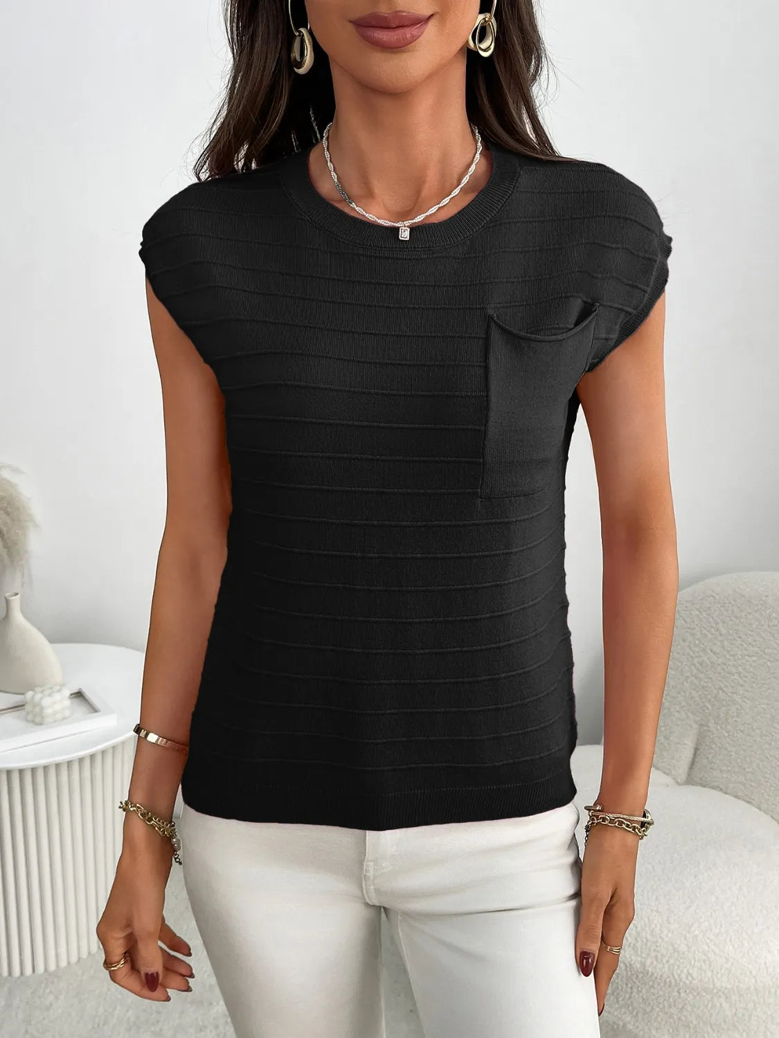 Round Neck Cap Sleeve Knit Top - Fashorio