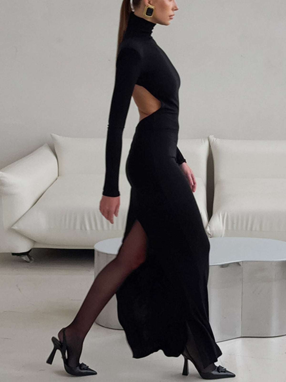 Backless Turtleneck Long Sleeve Maxi Dress front view