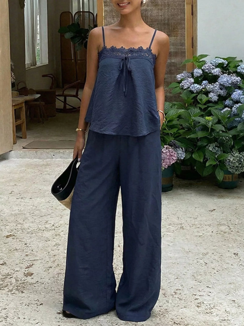 Blue lace trim cami and wide leg pants set front view