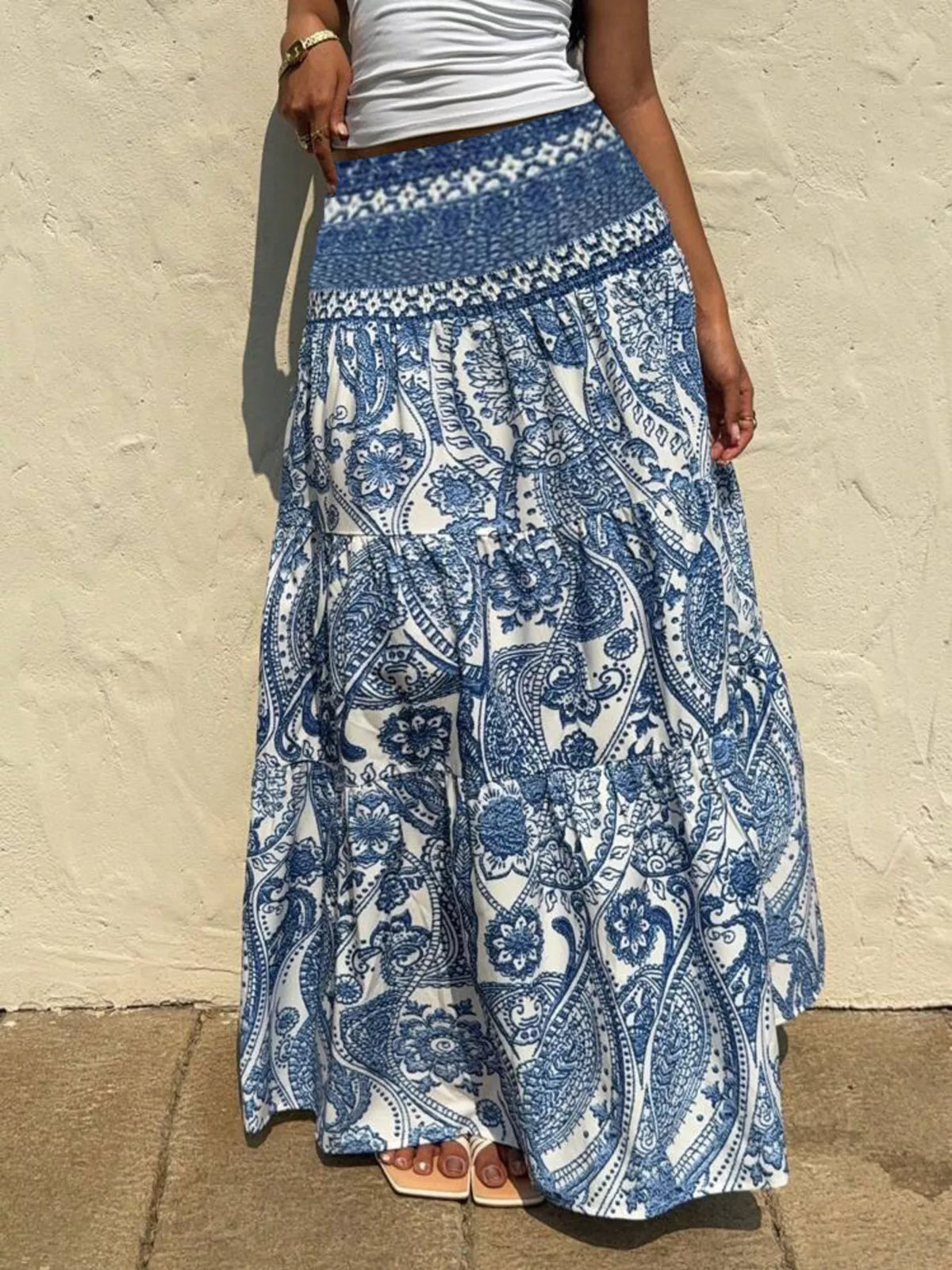 Blue paisley print tiered maxi skirt front view