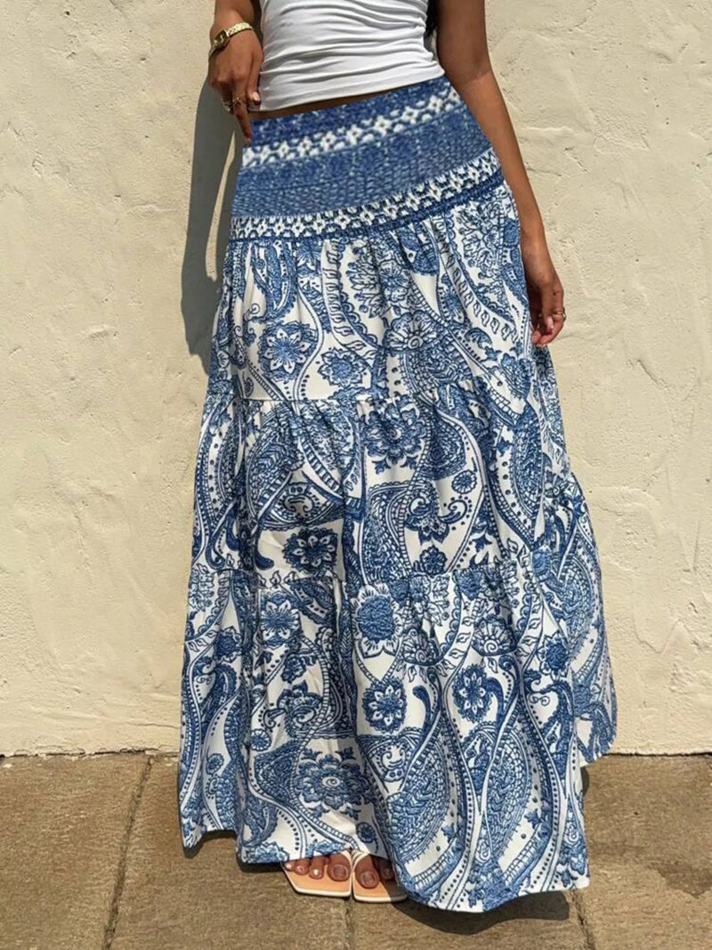 Blue paisley print tiered maxi skirt front view