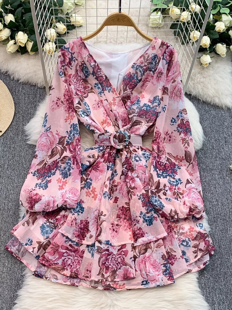 floral ruffle hem mini dress front view