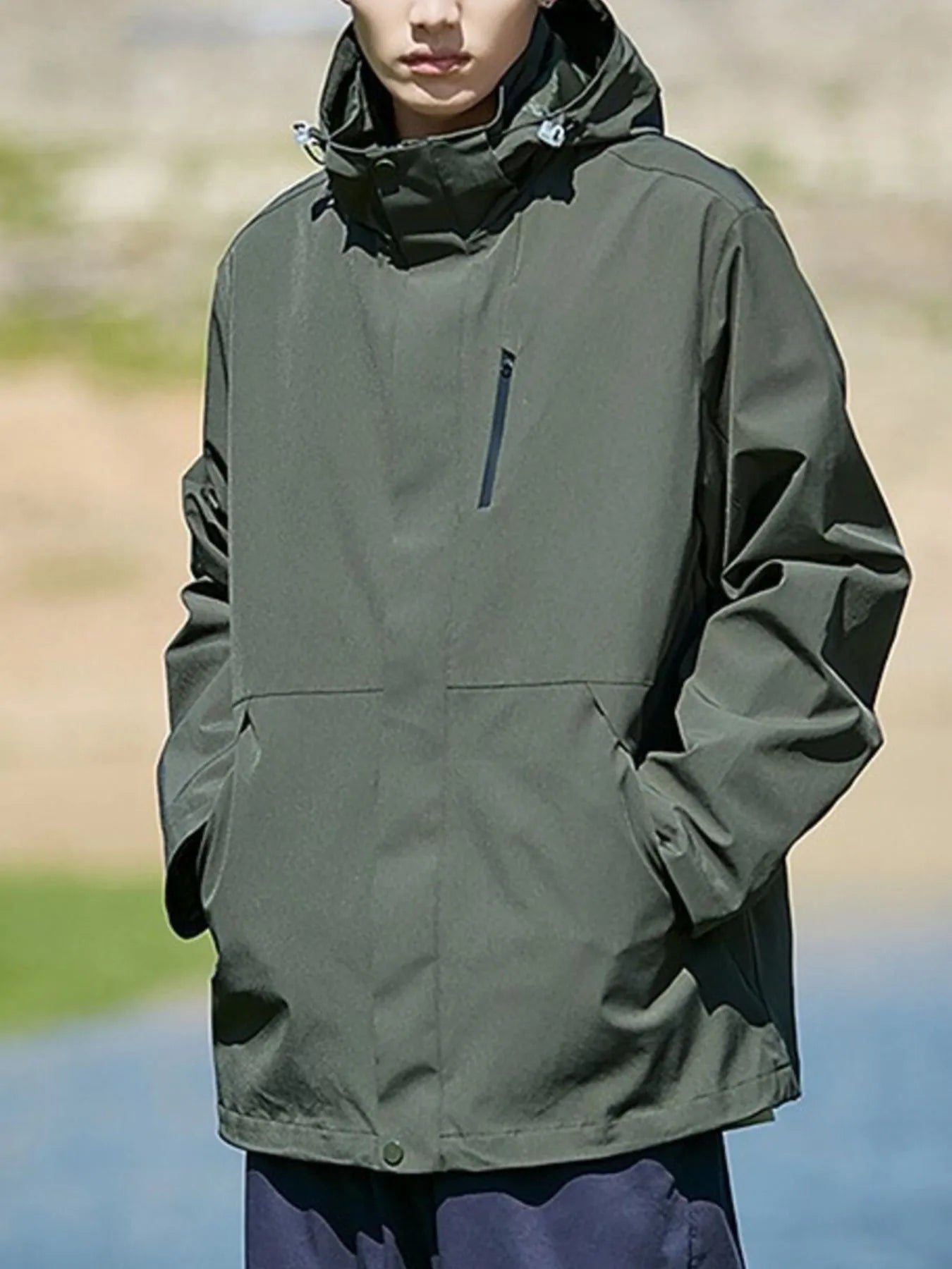 Men's Full Size Zip Up Long Sleeve Hooded Jacket Plus Size Military Green - Fashorio