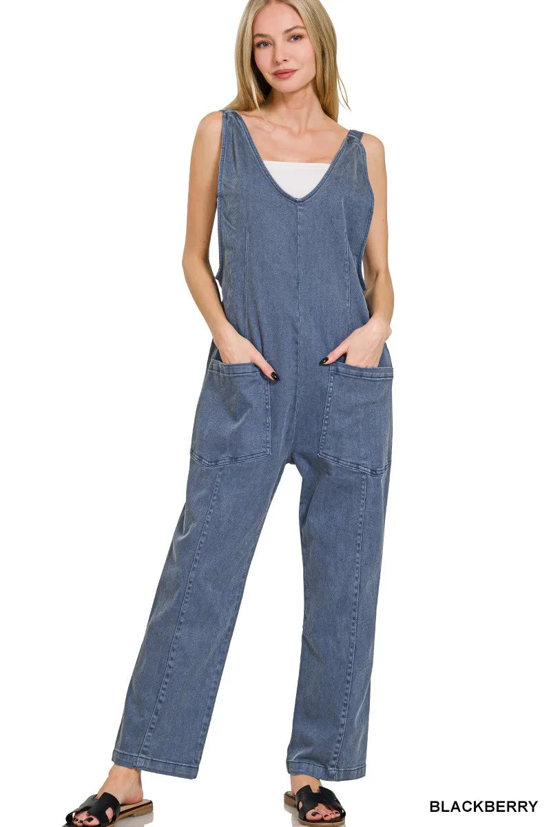 Sleeveless denim overall jumpsuit front view
