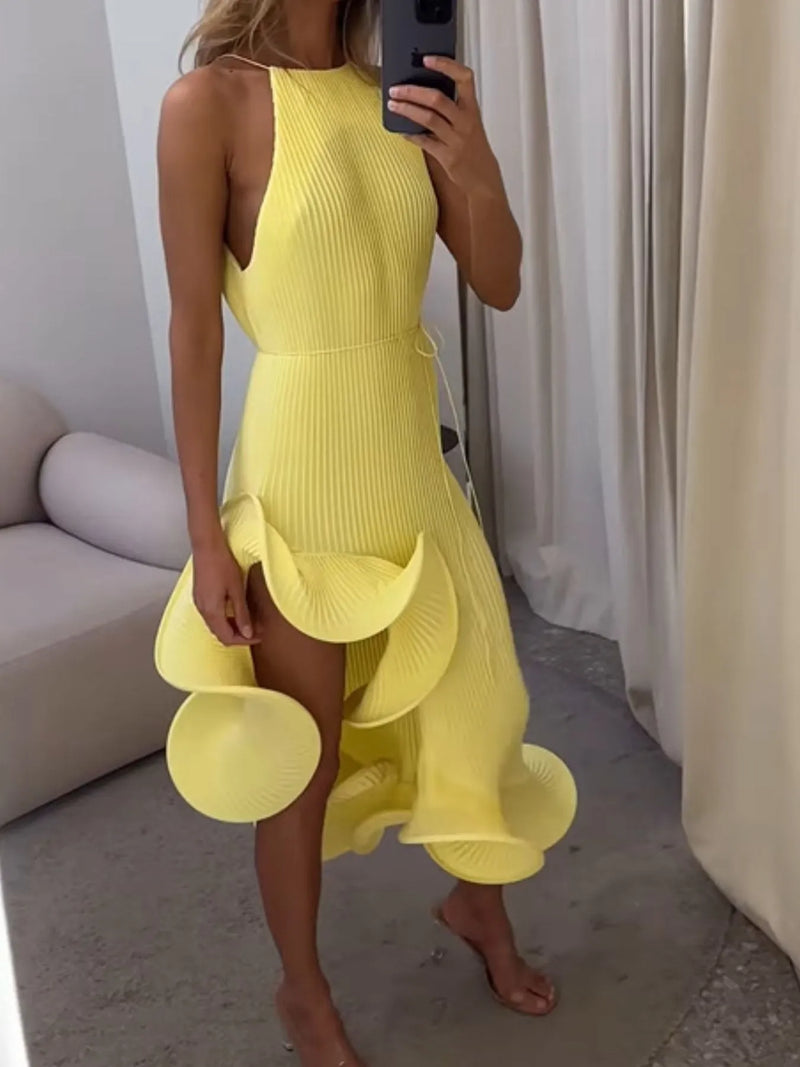 Ruffle hem ribbed sleeveless dress front view