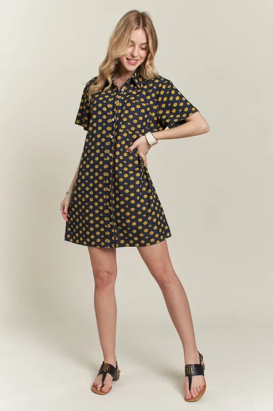Floral Button Up Mini Denim Dress on model