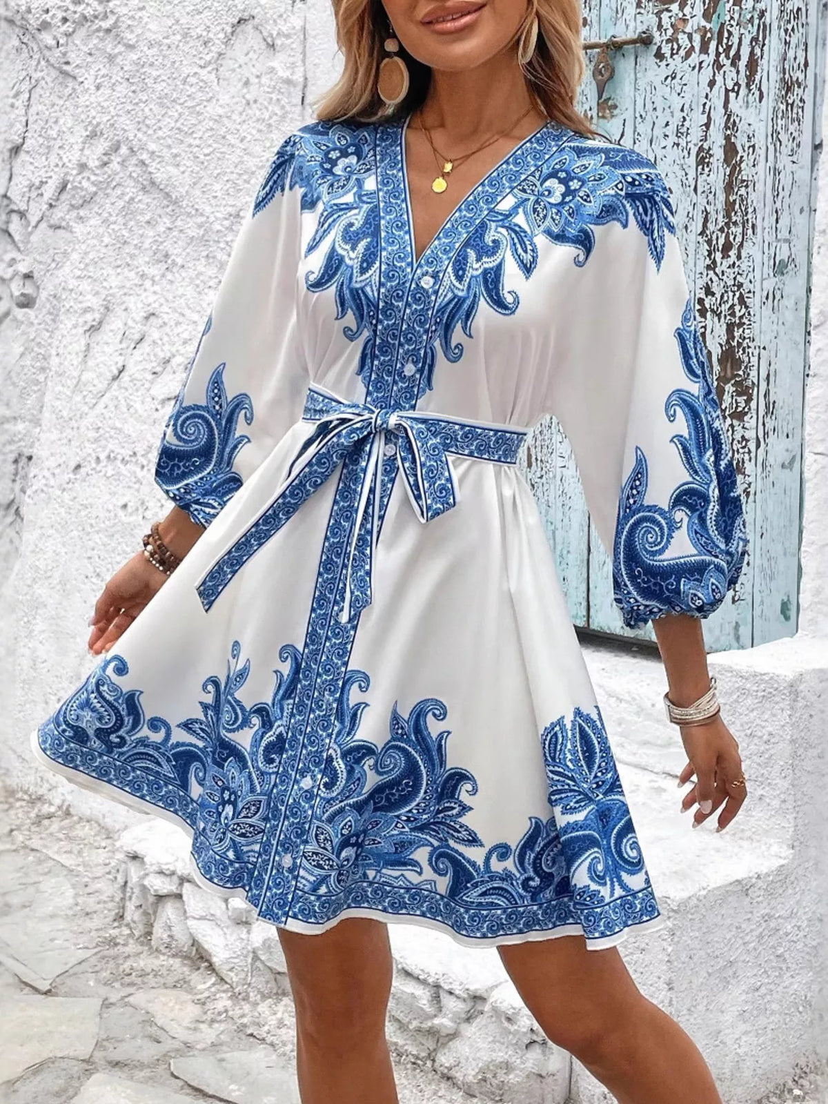 Paisley print V neck belted mini dress styled view