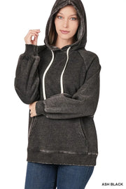 Zenana Acid Wash Fleece Hoodie with Drawstring ASH BLACK - Fashorio