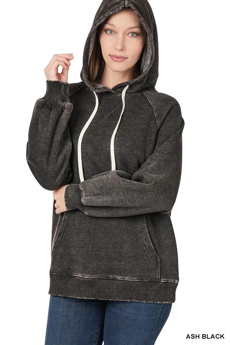 Zenana Acid Wash Fleece Hoodie with Drawstring ASH BLACK - Fashorio