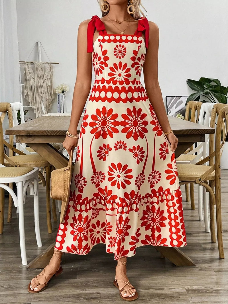 Red floral print tie shoulder midi dress front view