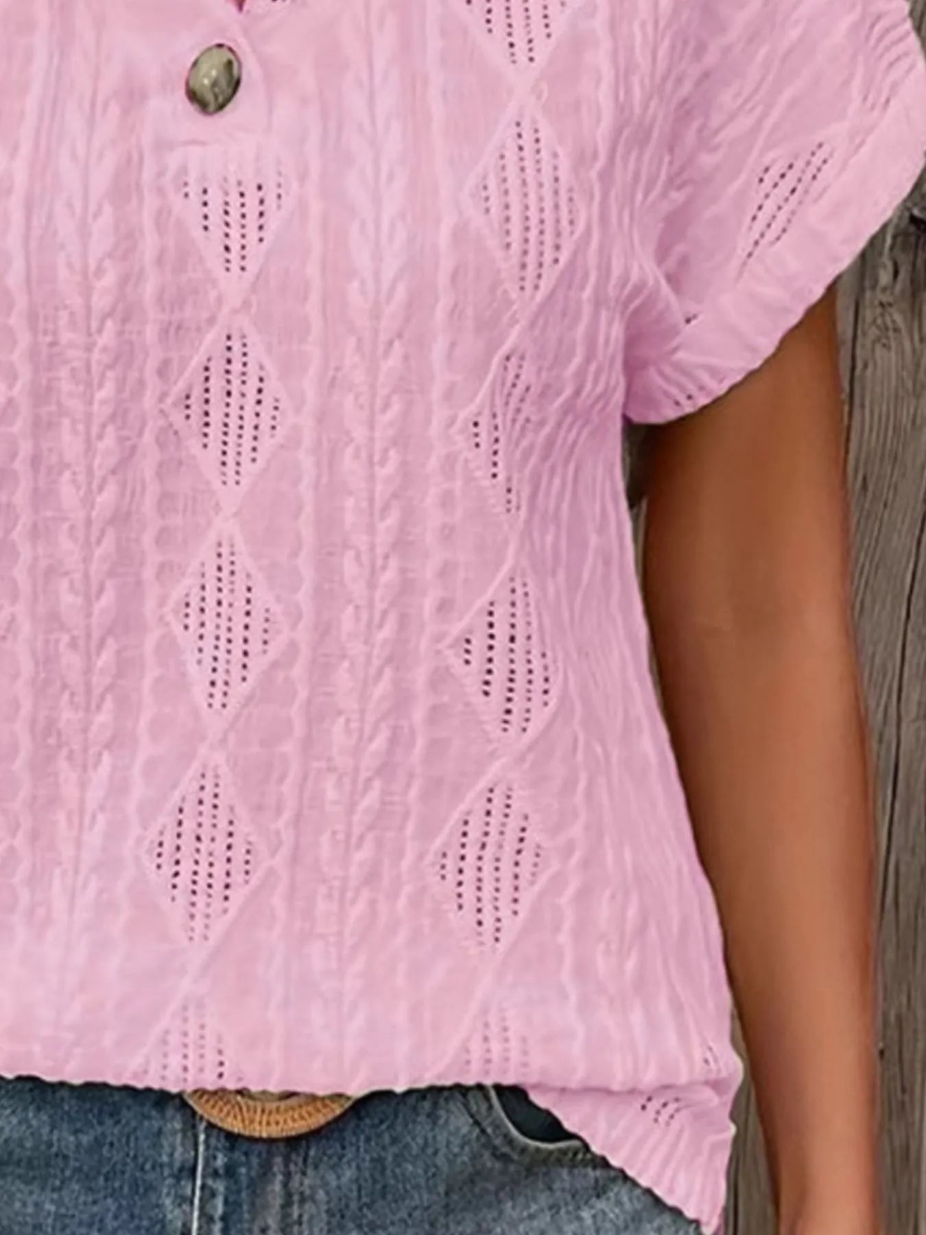 Textured V-Neck Short Sleeve Top - Fashorio