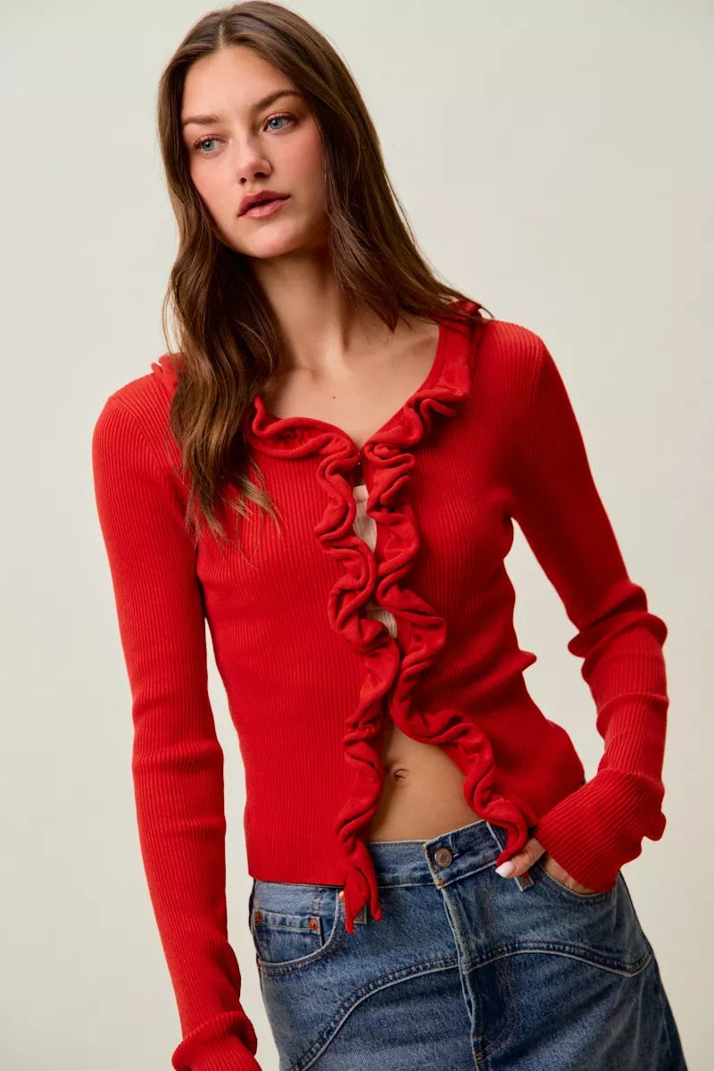 Cascade Ruffle Ribbed Knit Sweater Cardigan, view 25