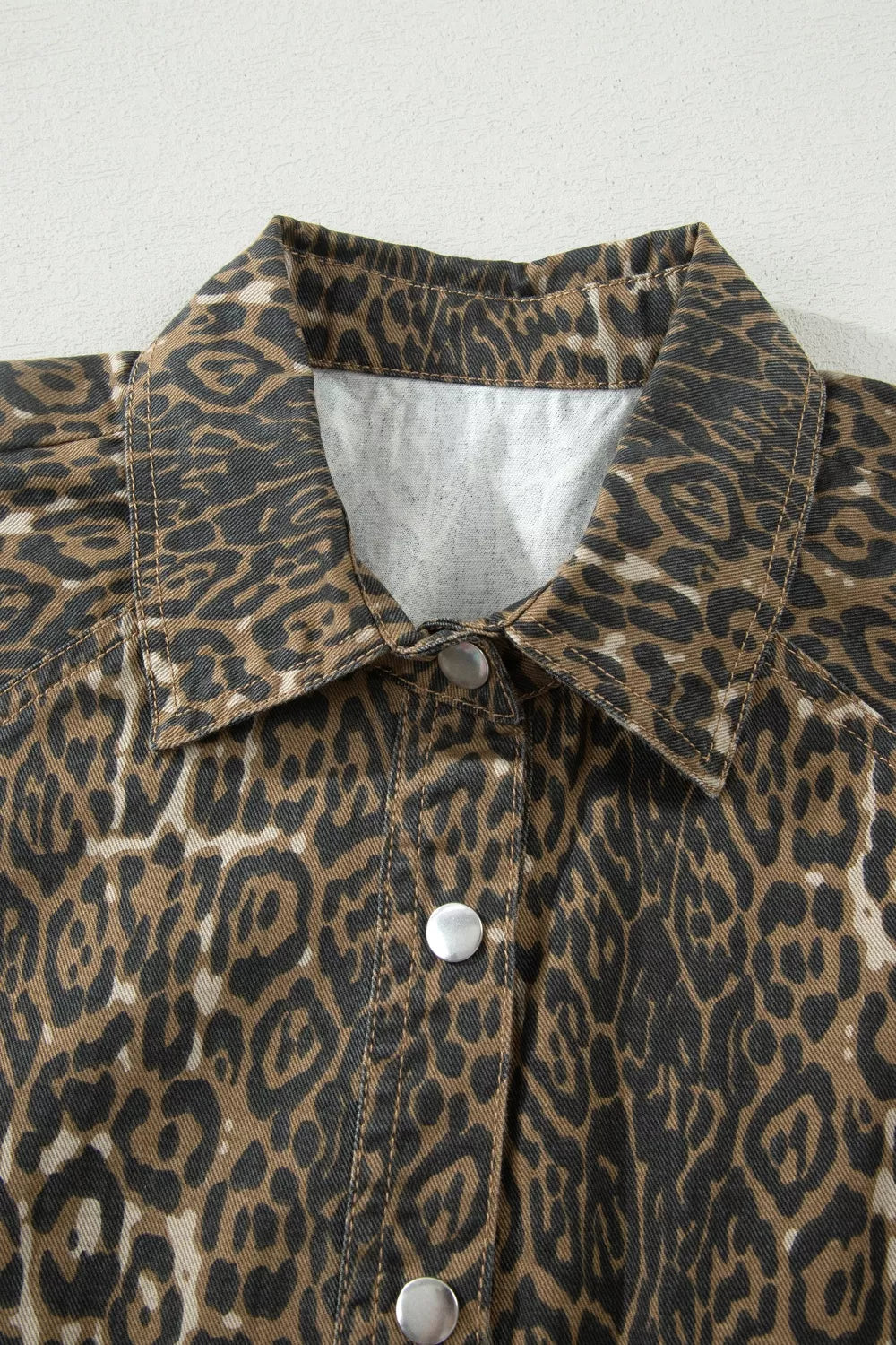 Leopard print puff sleeve denim mini dress back view