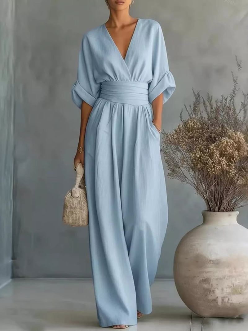 Belinda half sleeve wide leg jumpsuit shown on a model