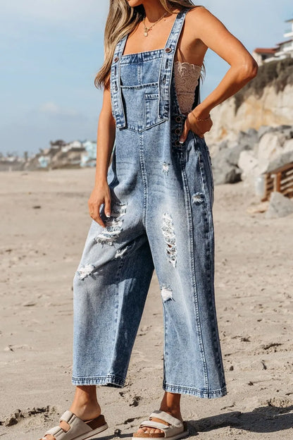 Distressed Bib Pocket Wide Leg Denim Overalls - Fashorio