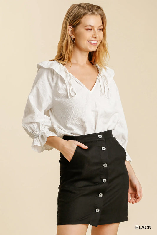 Umgee Linen Blend Button Down Skirt with Pockets Black - Fashorio