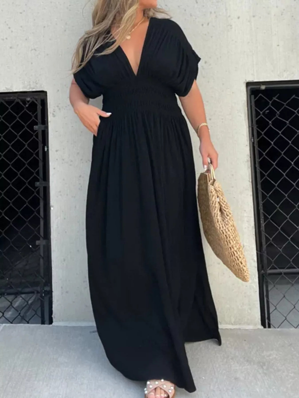 Slit V neck smocked waist maxi dress hem detail