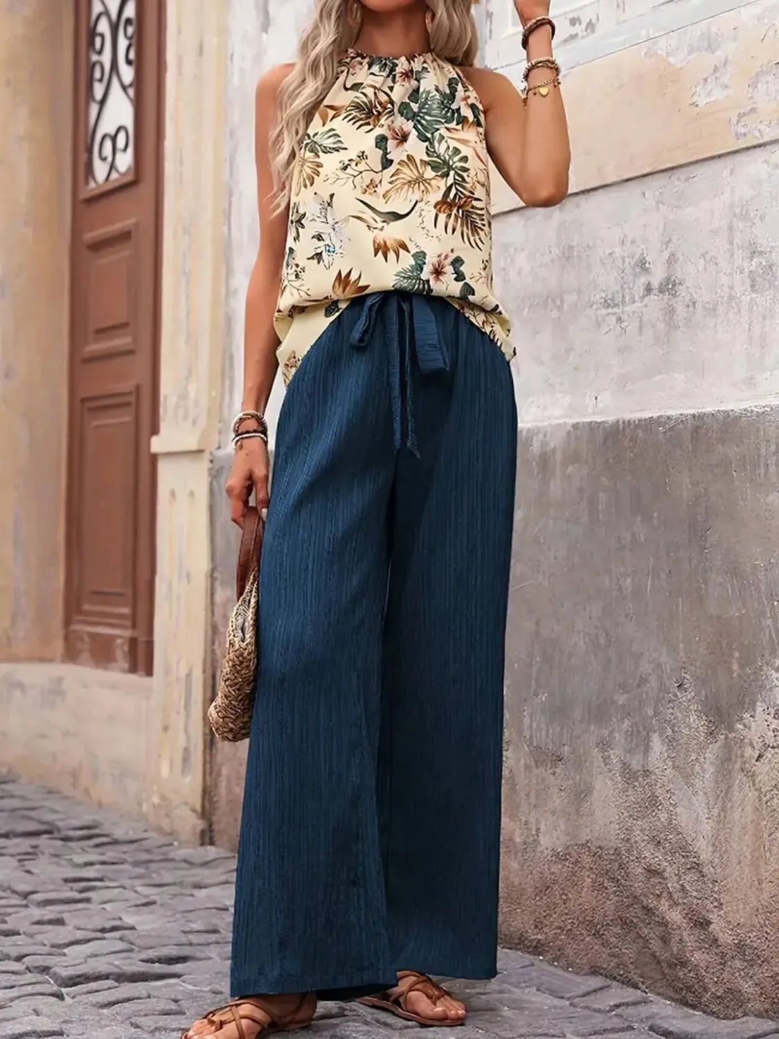 Printed Tank Top and Wide Leg Pants Set - Fashorio