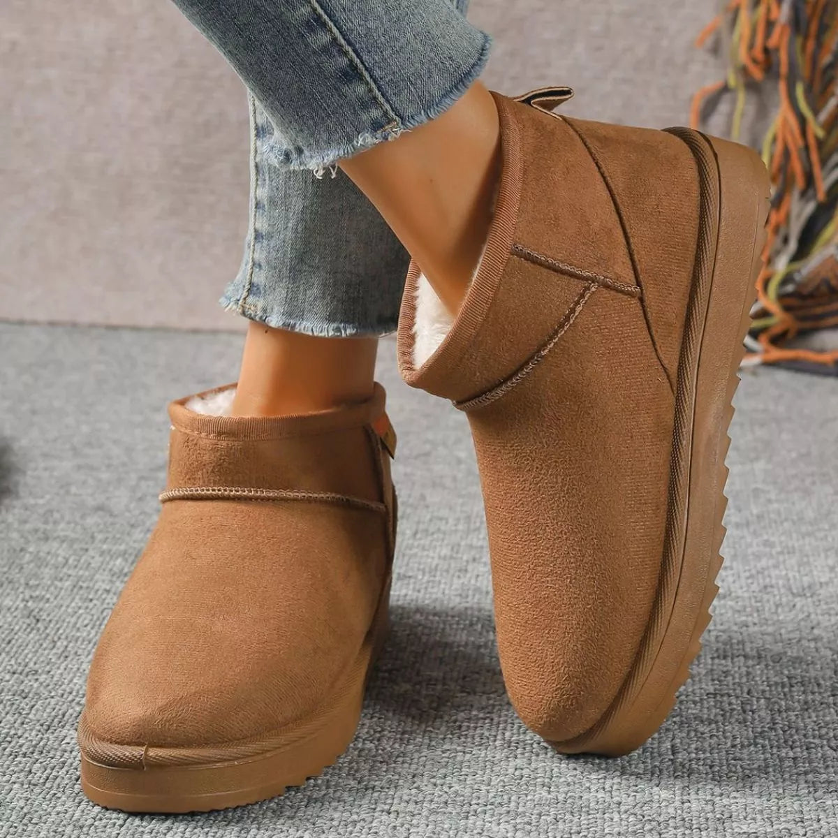 Camel round toe platform boots side profile view