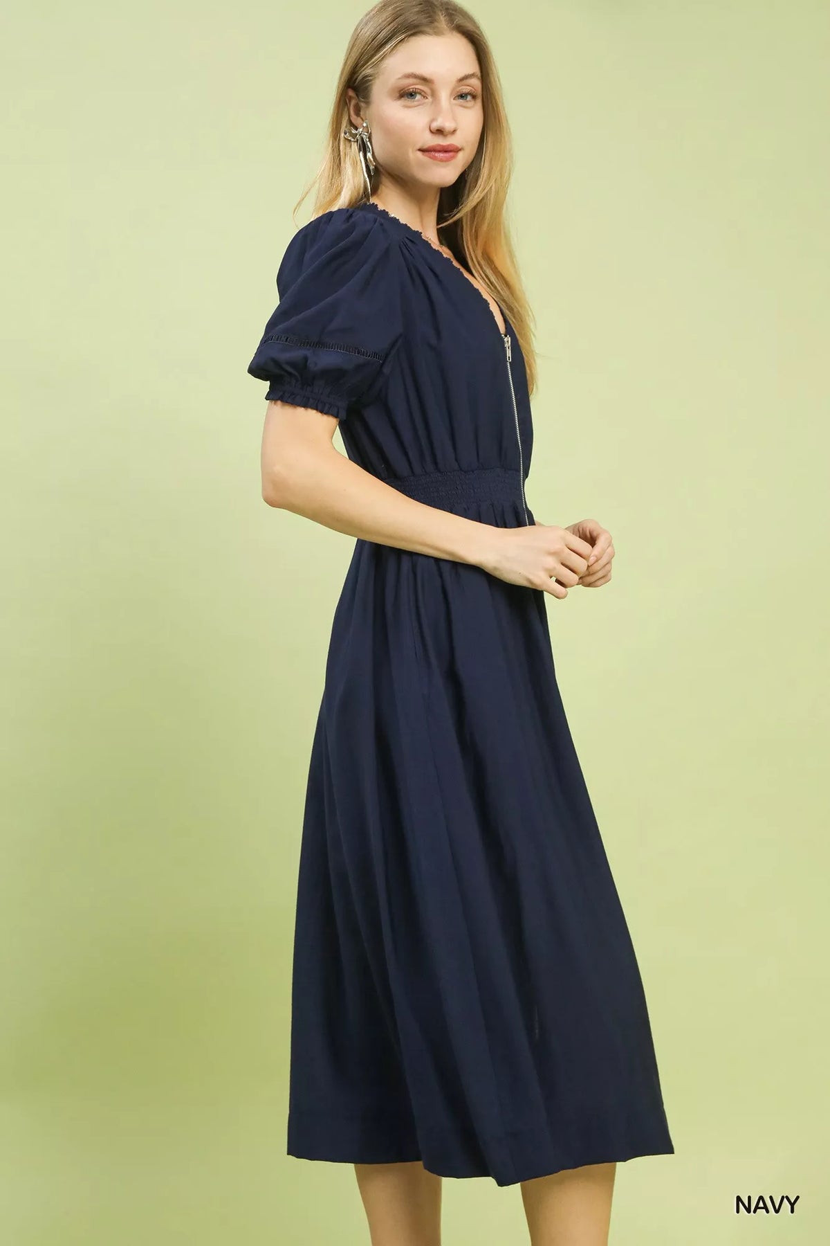 Zip Front Smocked Waist Midi Dress side view