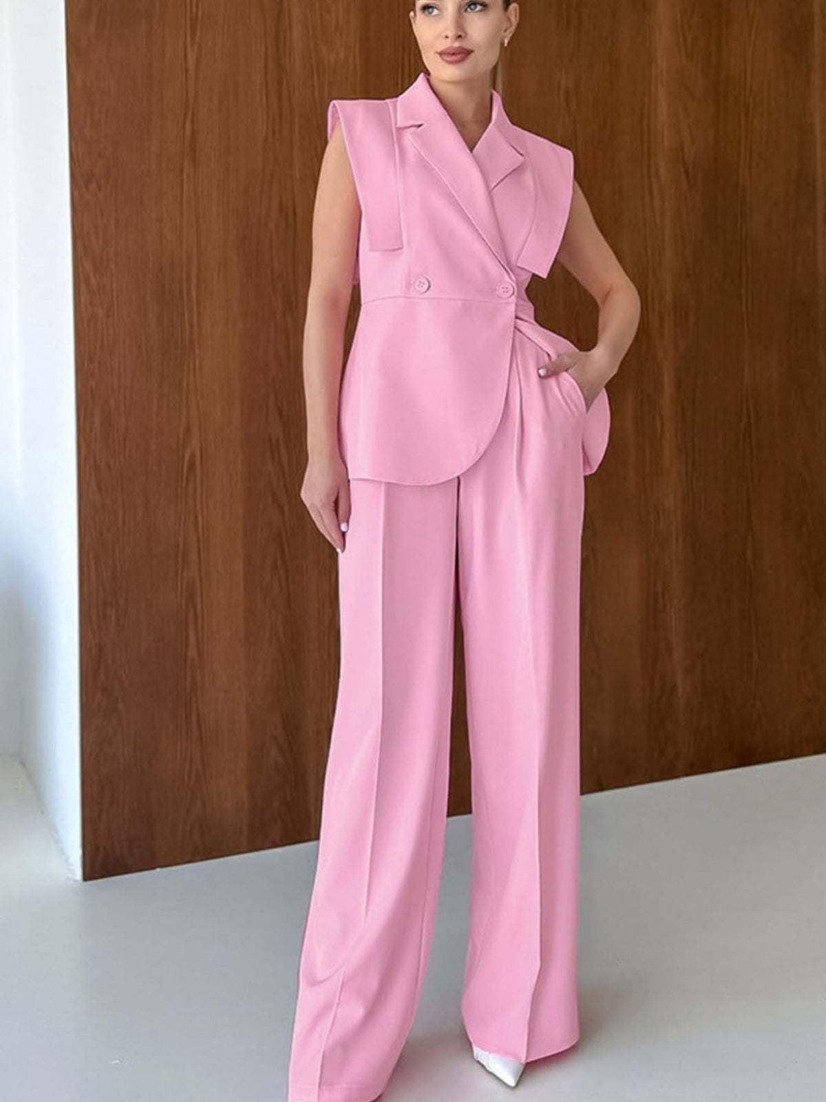 Pink sleeveless two piece blazer set styled