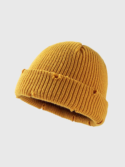 Distressed Cuffed Knit Hat Yellow One Size - Fashorio