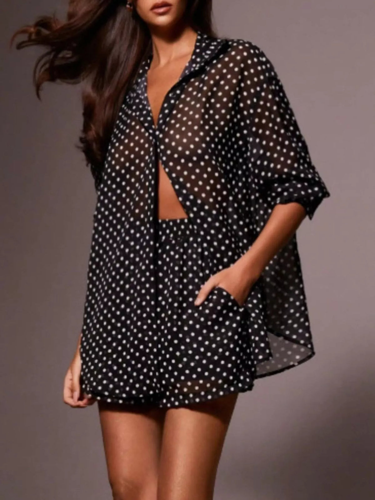 Polka dot two piece shorts set styled look