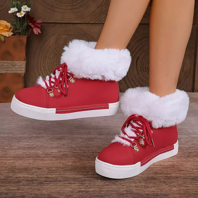 Fuzzy Trim Lace Up Ankle Boots full length view
