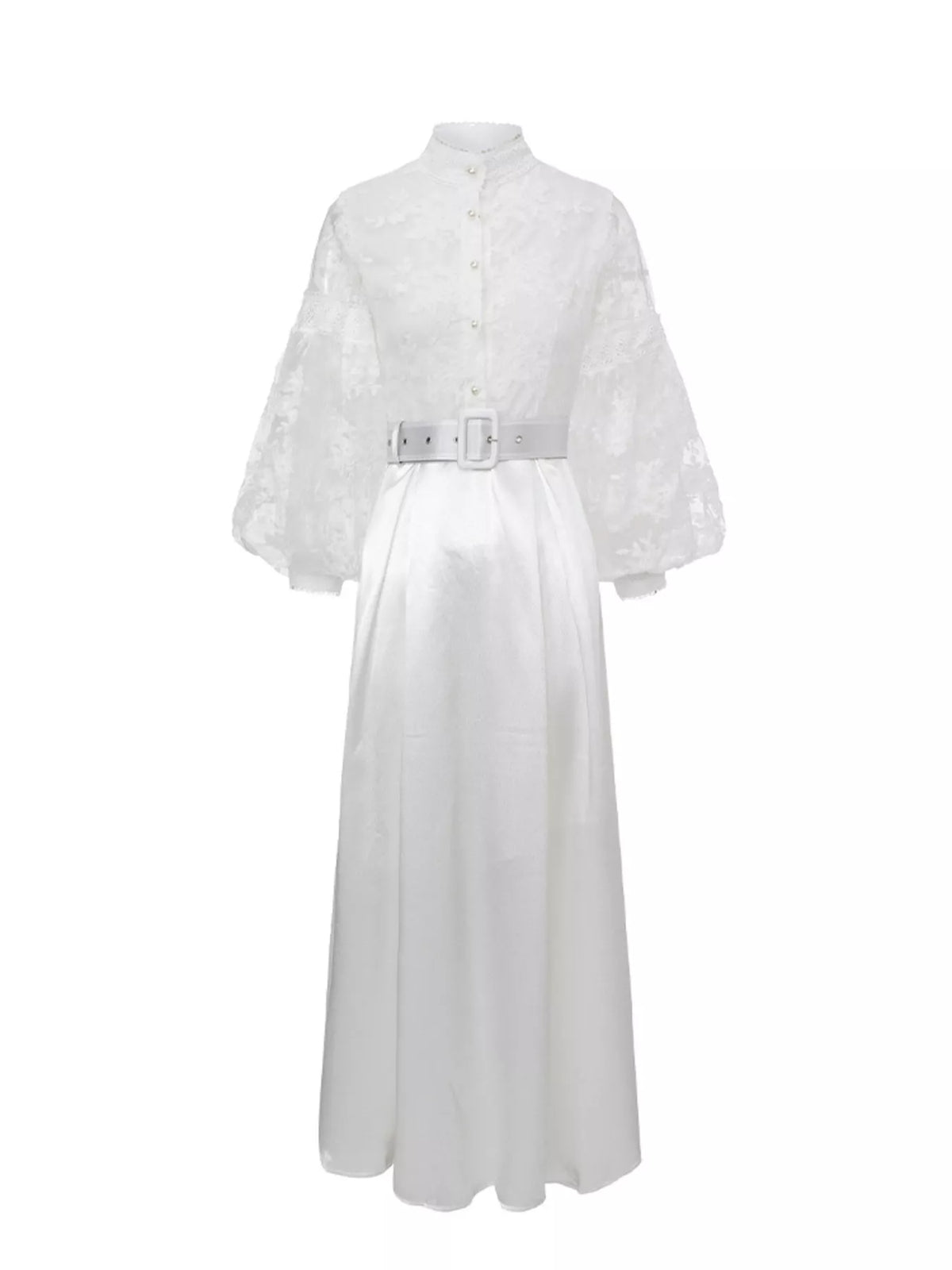 Brocade lace lantern sleeve belted maxi dress in white full length front view
