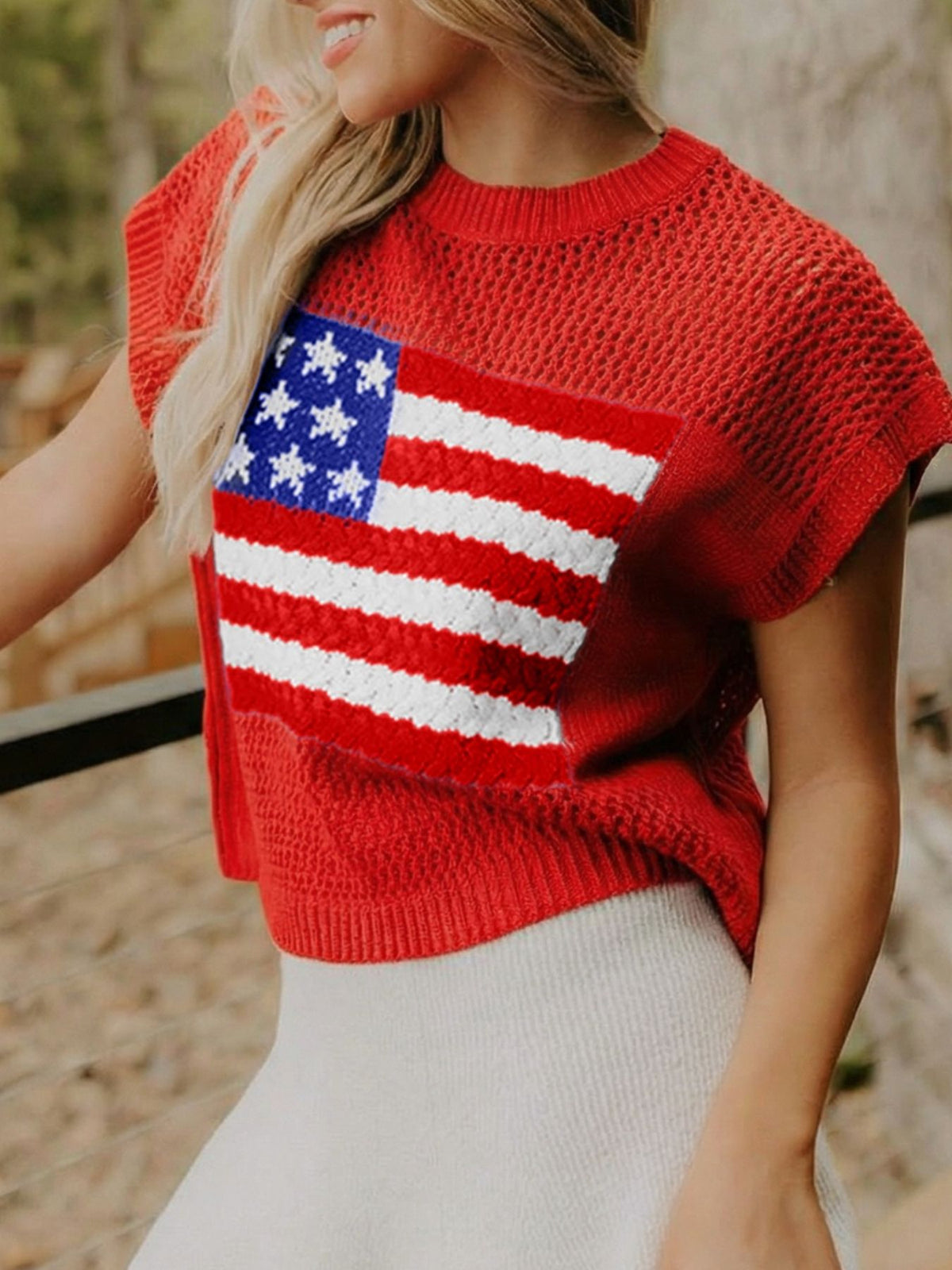 American Flag Knitted Short Sleeve Sweater, view 6