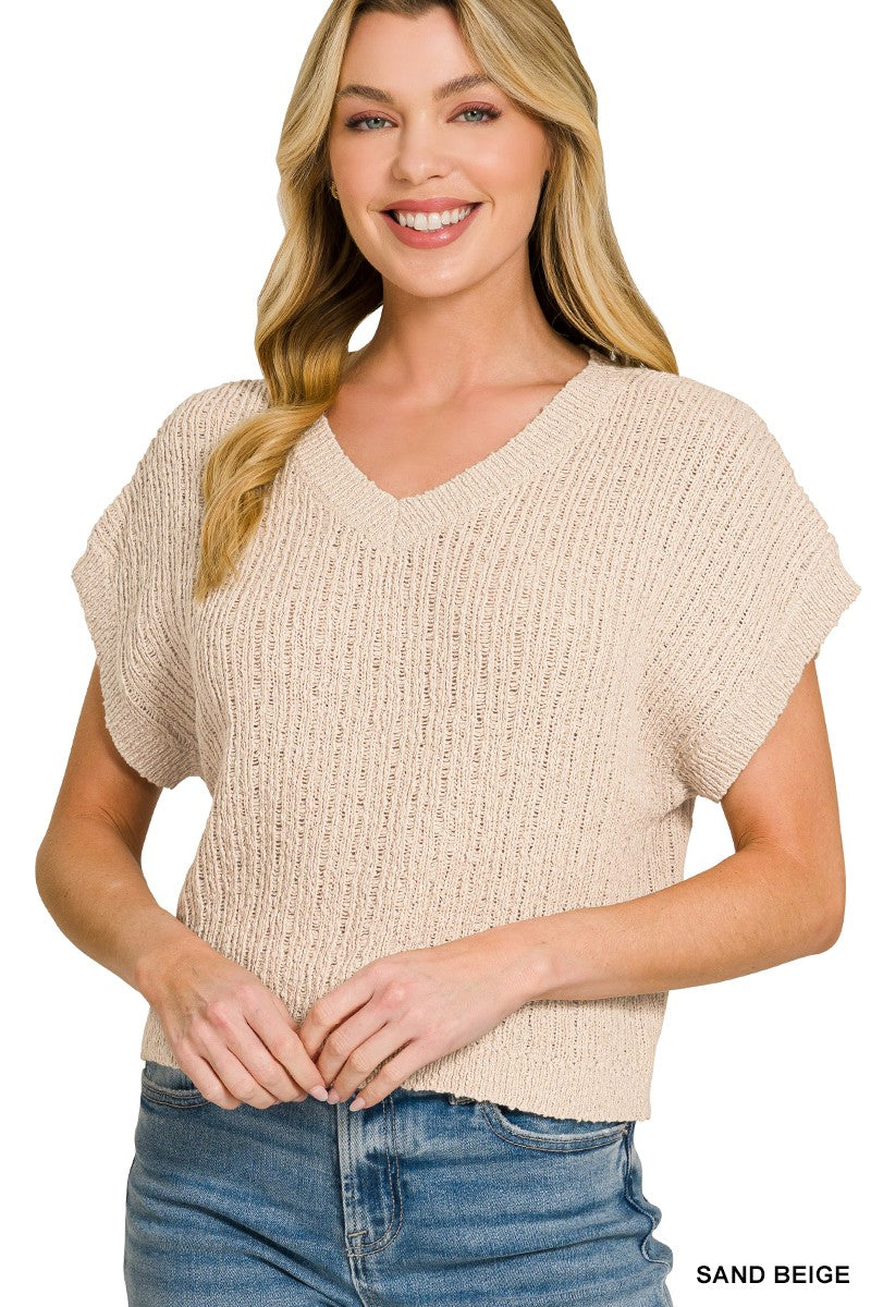 Sand beige cropped sweater neckline detail