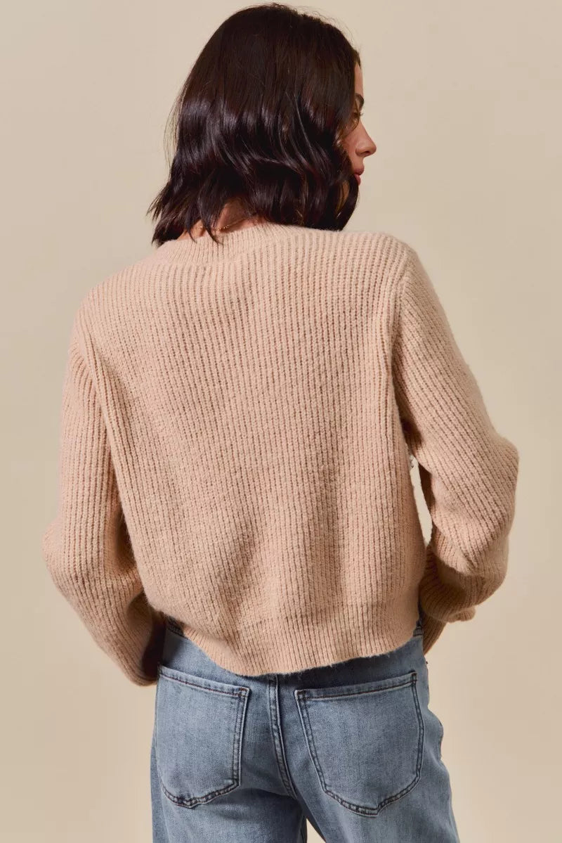 Checkered Plaid Lace Up Ribbed Sweater in Taupe view 15
