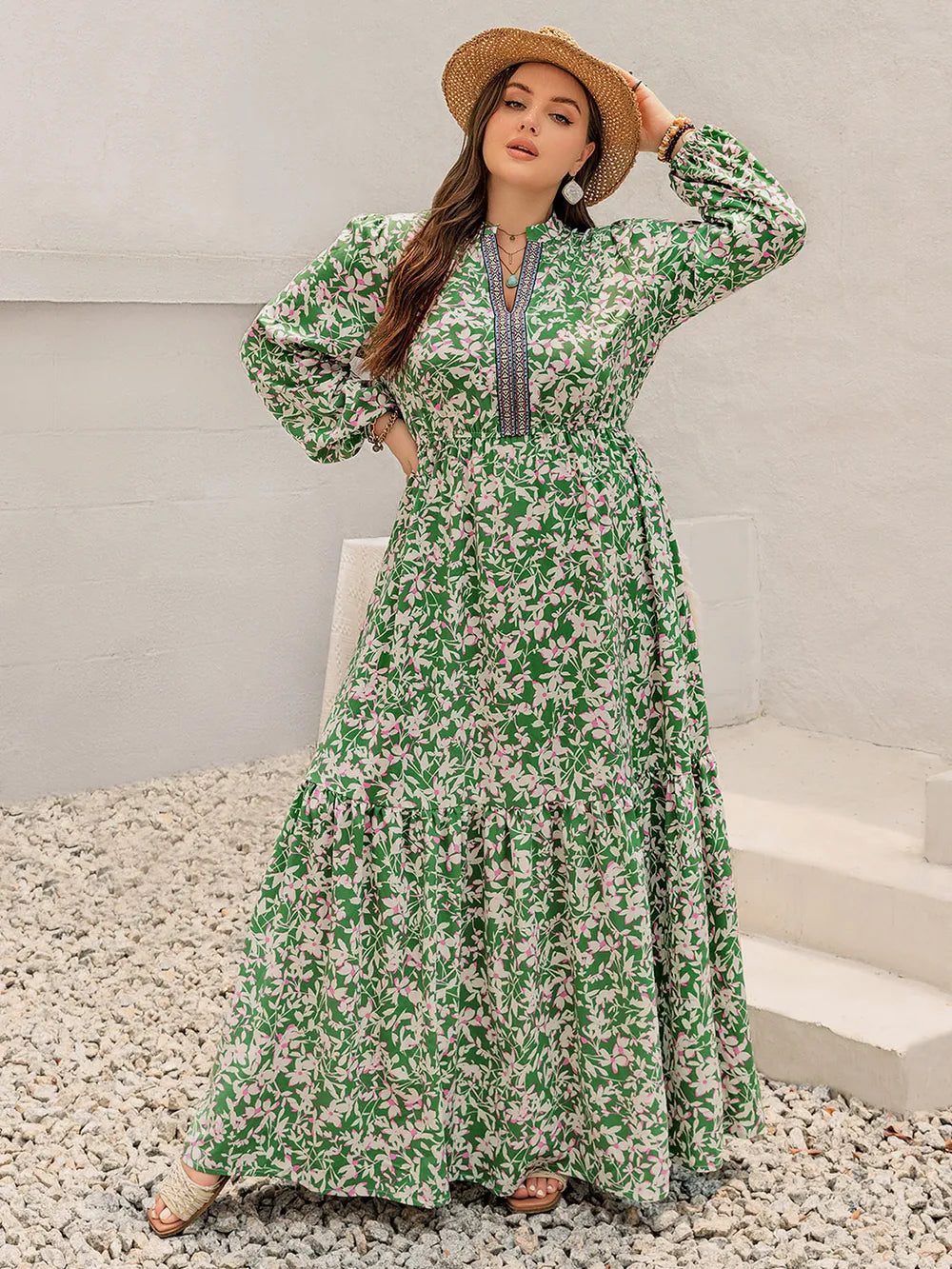 Plus size printed notched neck long sleeve maxi dress hem detail