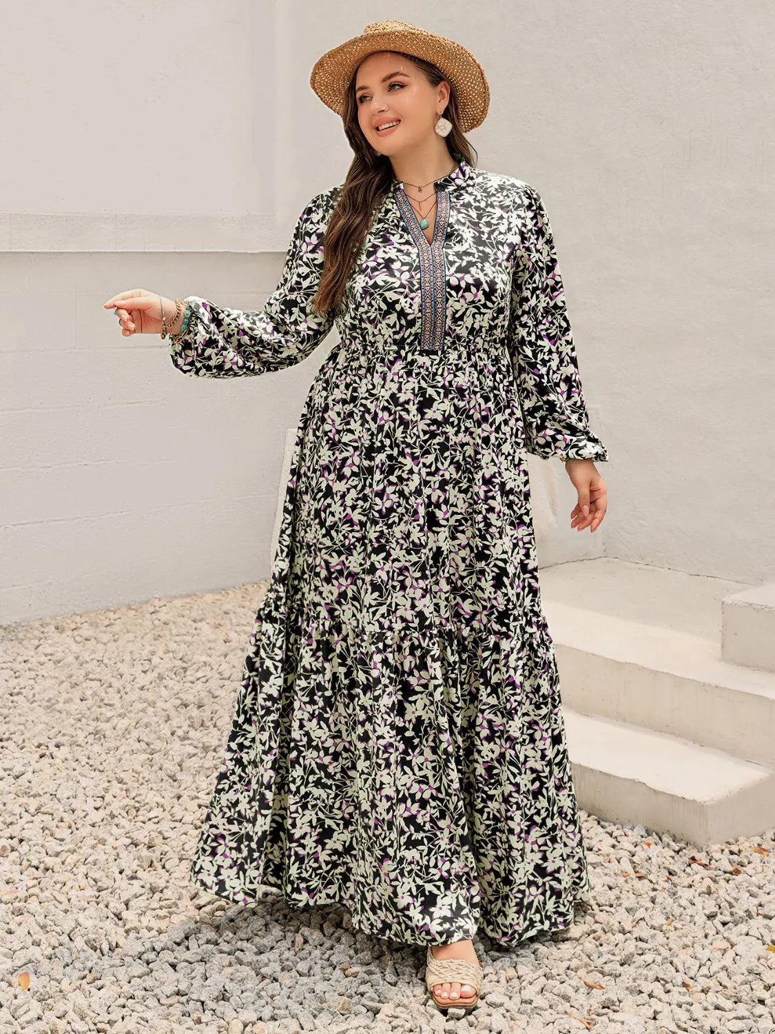 Plus Size Floral Long Sleeve Tiered Maxi Dress, styled look