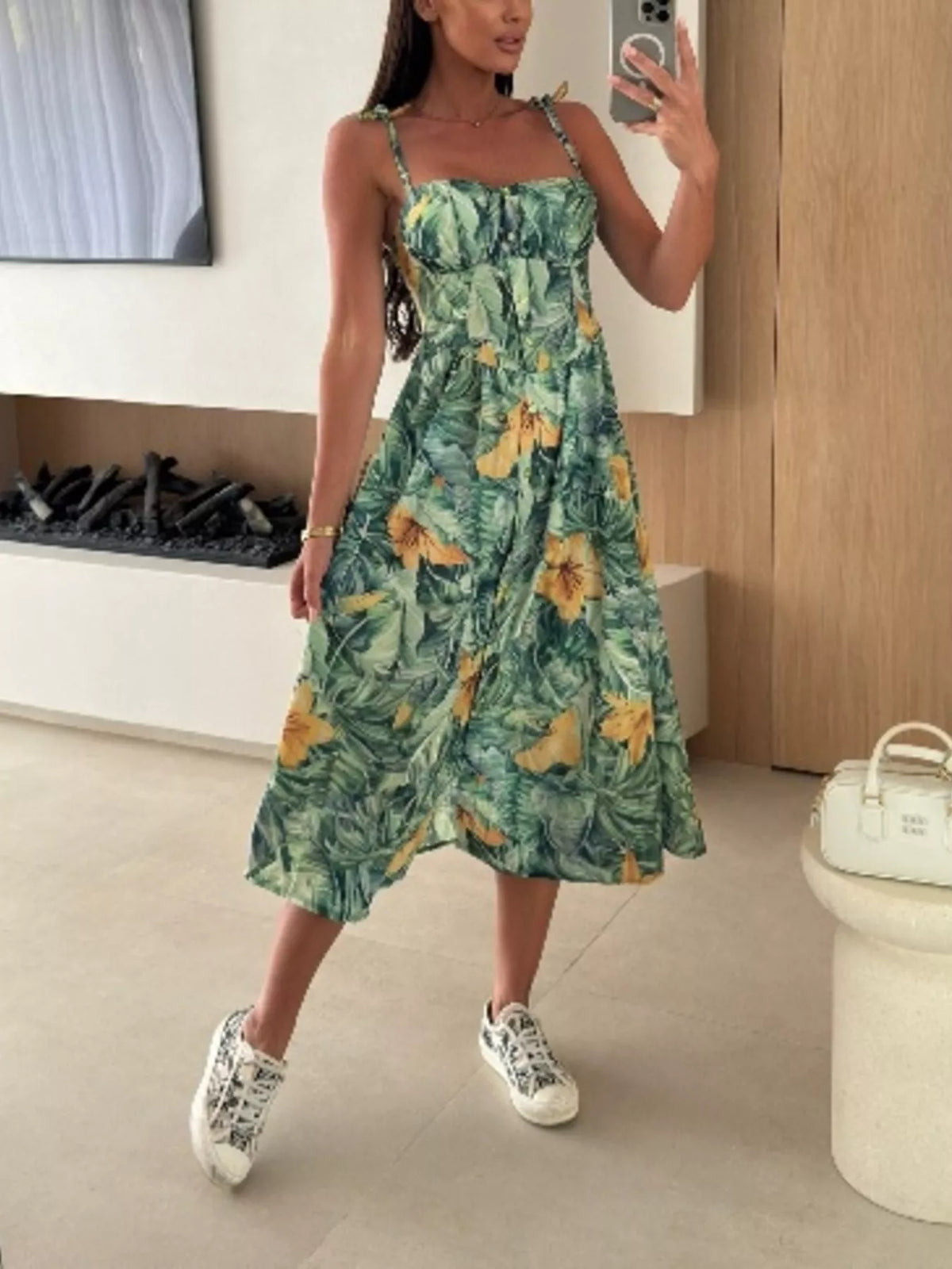Printed tie strap midi dress styled view