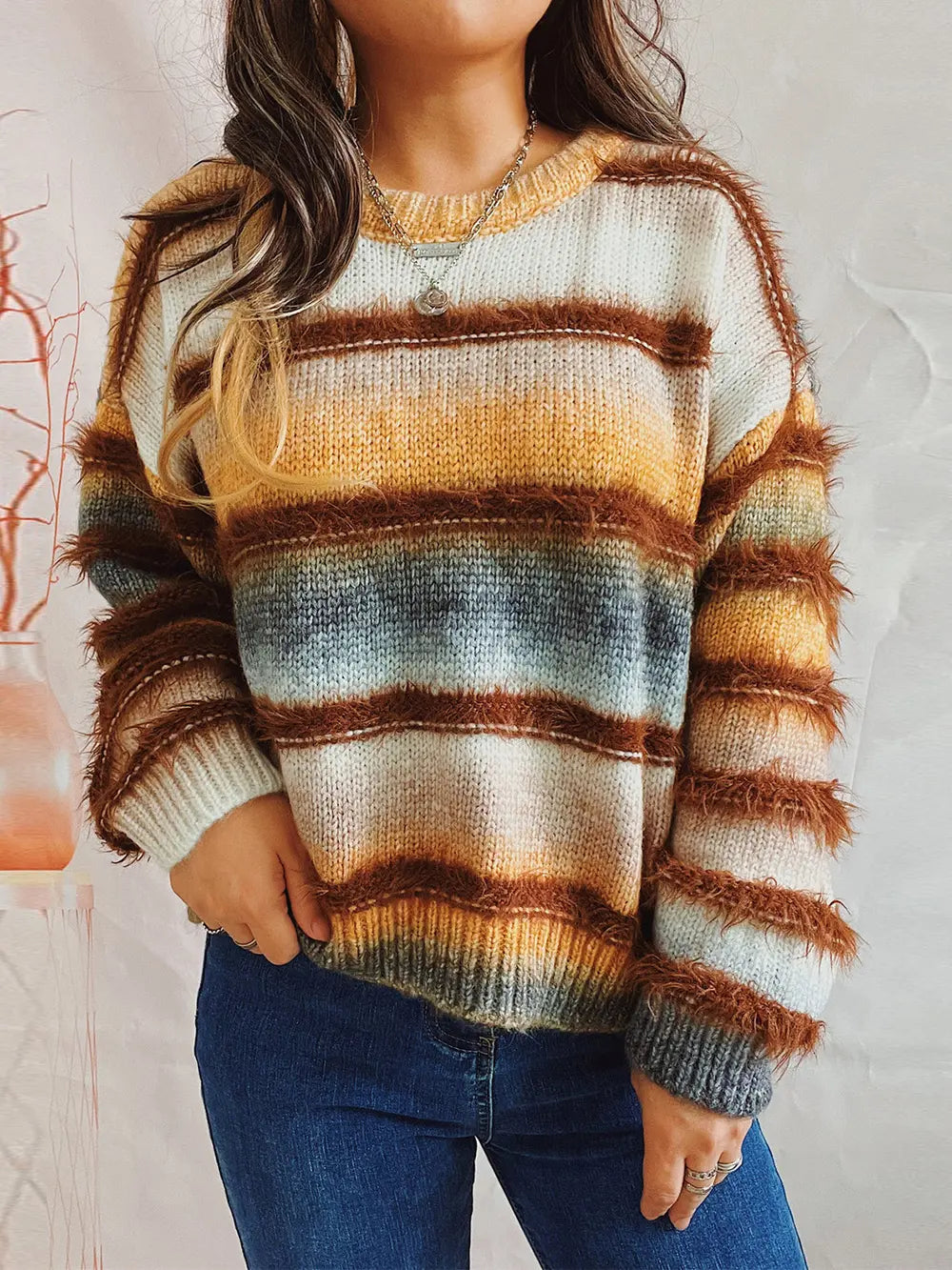 Striped Round Neck Long Sleeve Sweater Ochre One Size - Fashorio