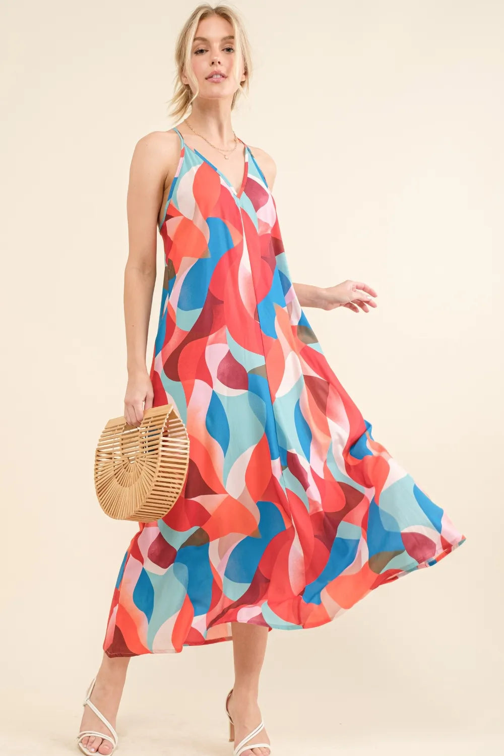 Printed Crisscross Back Cami Dress in Blue
